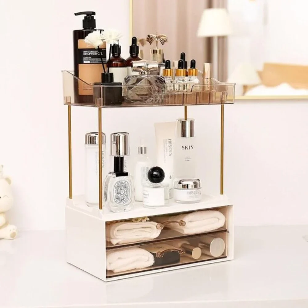 New Elegant 2-Tier Bathroom Organizer, Champagne Gold Makeup & Skincare Storage